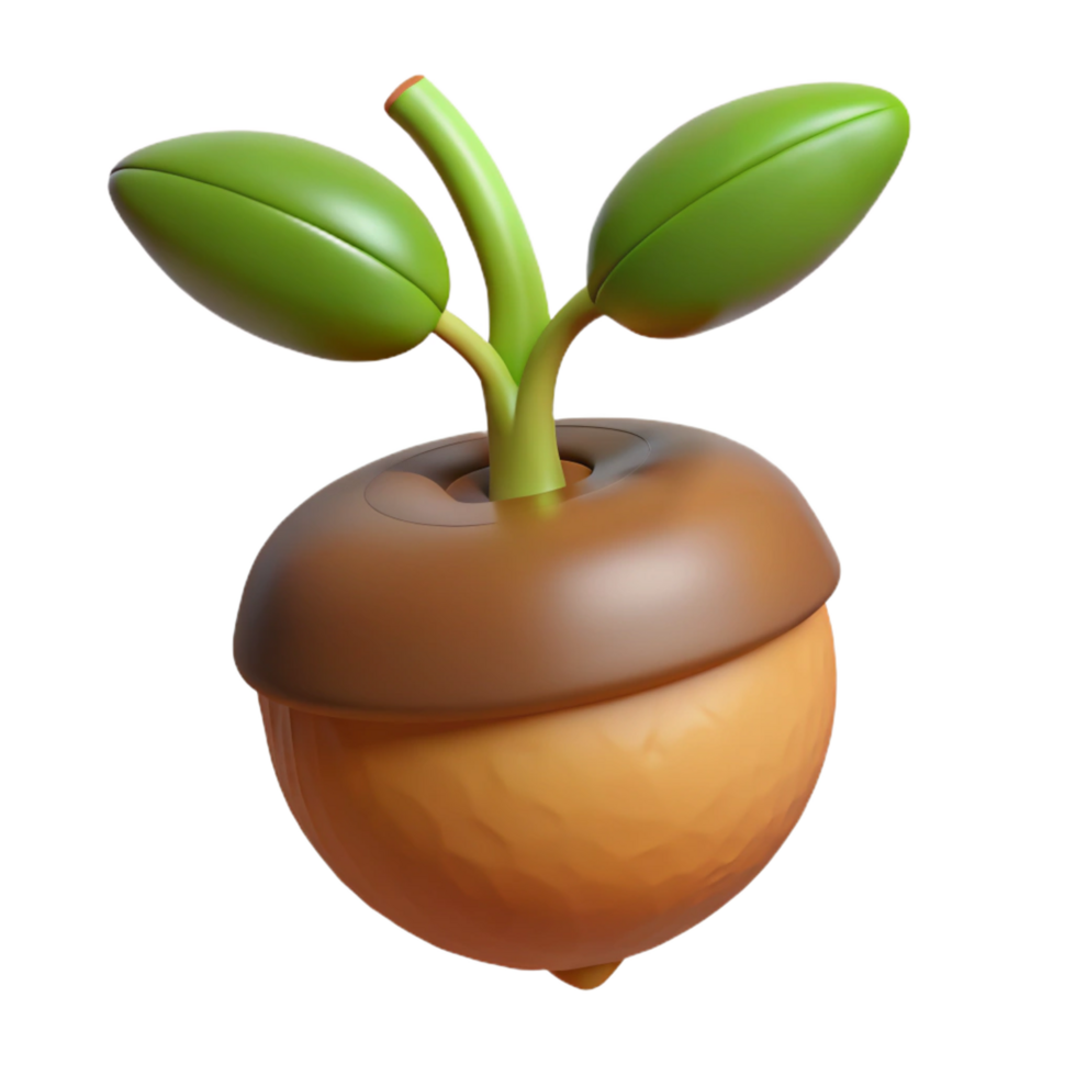 radiant energetic geometric Hyper-specific professional render of a single, sprouting acorn with visible root and emerging stem Isolated cutout with Transparent Background artisan png