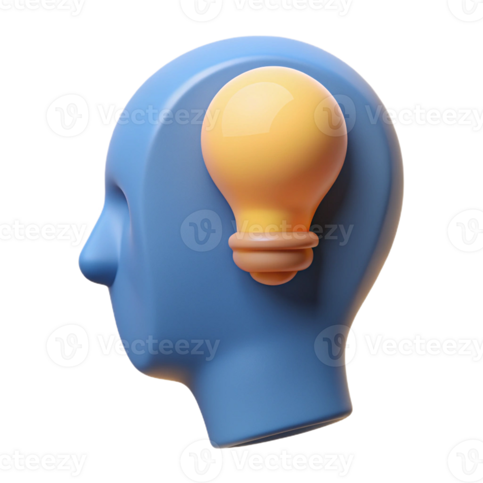 dramatic whimsical art deco Human head silhouette with a lightbulb inside. Crisp edges, flat color, single-weight stroke with Scalable Design. refined png