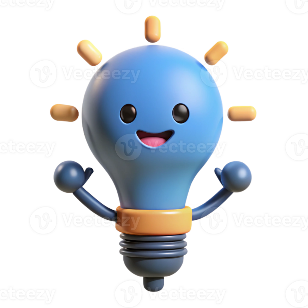 extraordinary celebrated Lightbulb character with glowing filament. Clean lines, symmetrical, flat color with Scalable Design. png