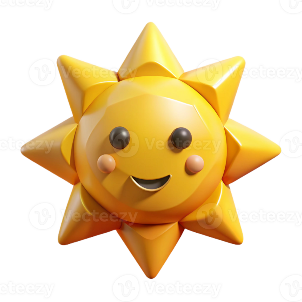 spectacular classic Sun character with short, triangular rays. Geometric, flat yellow color with Scalable Design. 4K png