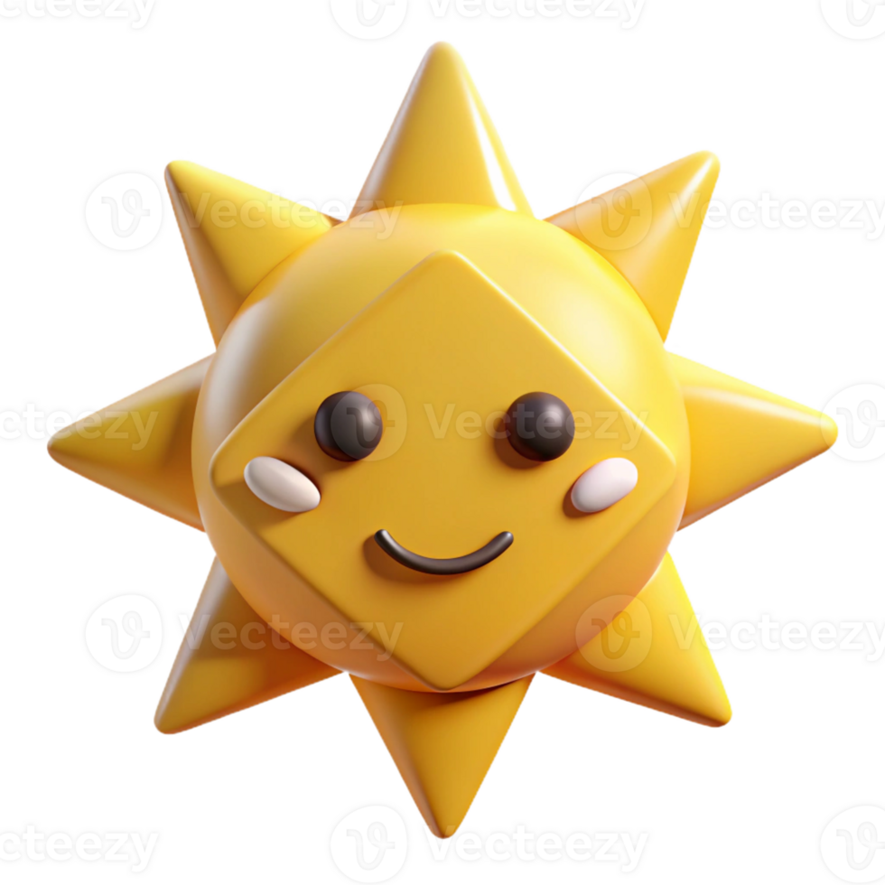 dreamy fascinating Sun character with short, triangular rays. Geometric, flat yellow color with Scalable Design. fine detail png