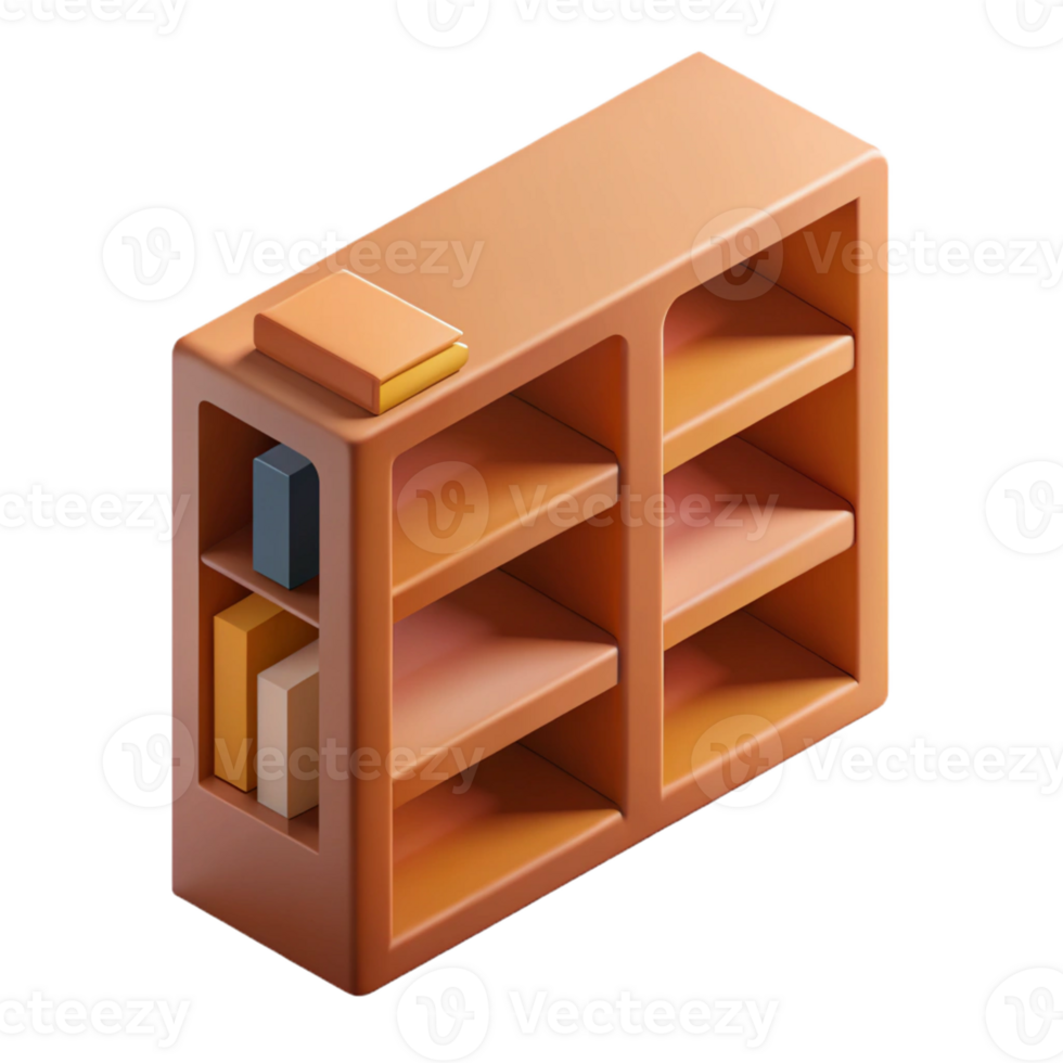 distinguished rustic Isometric bookshelf, flat brown color, crisp edges, geometric with Scalable Design. expertly shot png