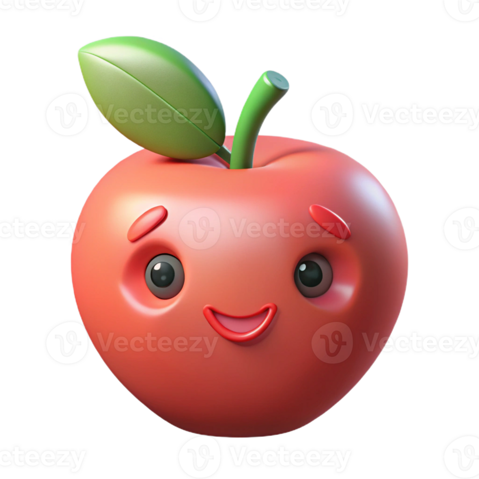 reflective serene Apple character with a leaf and stem. Crisp edges, flat color, minimal with crisp png