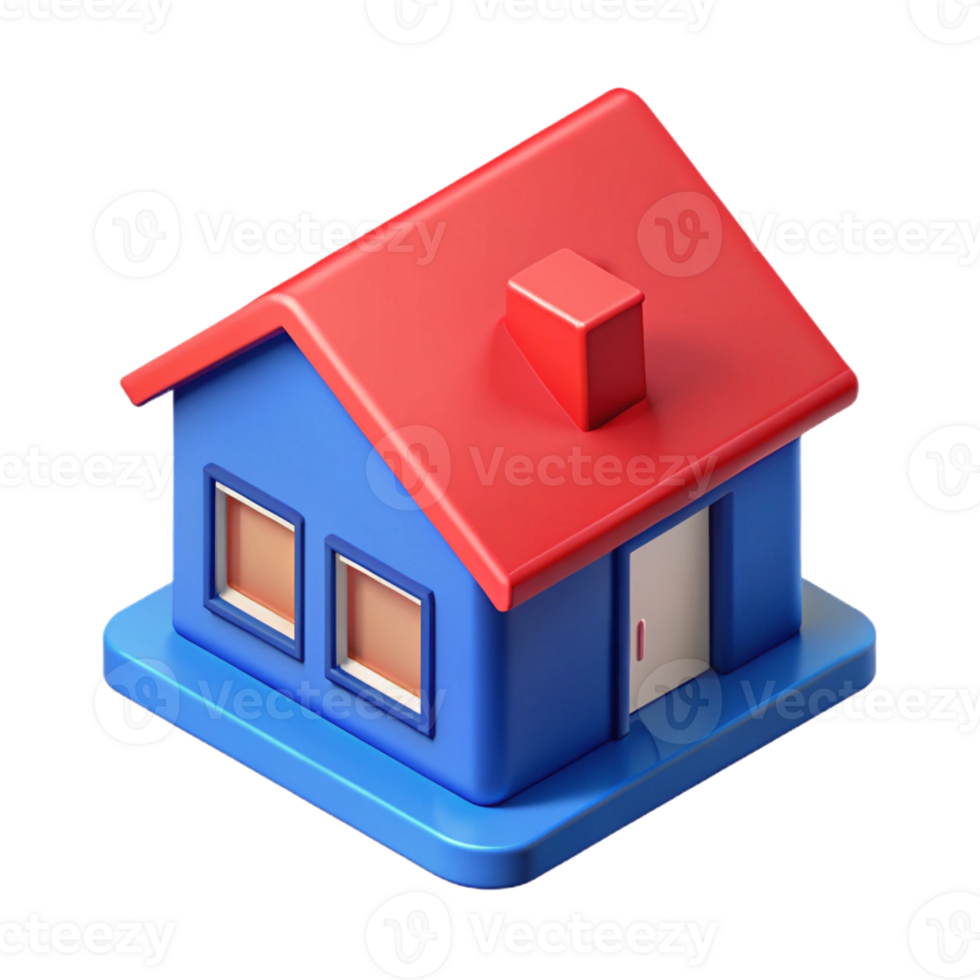 enchanting tranquil surreal Isometric house with bright red roof and blue walls. Flat color, clean lines with Scalable Design. professional png