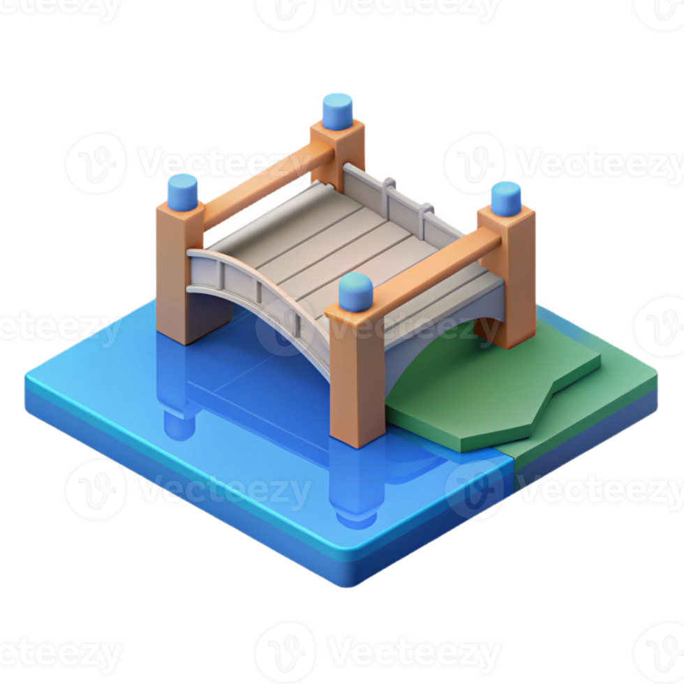 elegant calm artistic Isometric bridge over water. Flat color, clean lines with Scalable Design. museum quality png