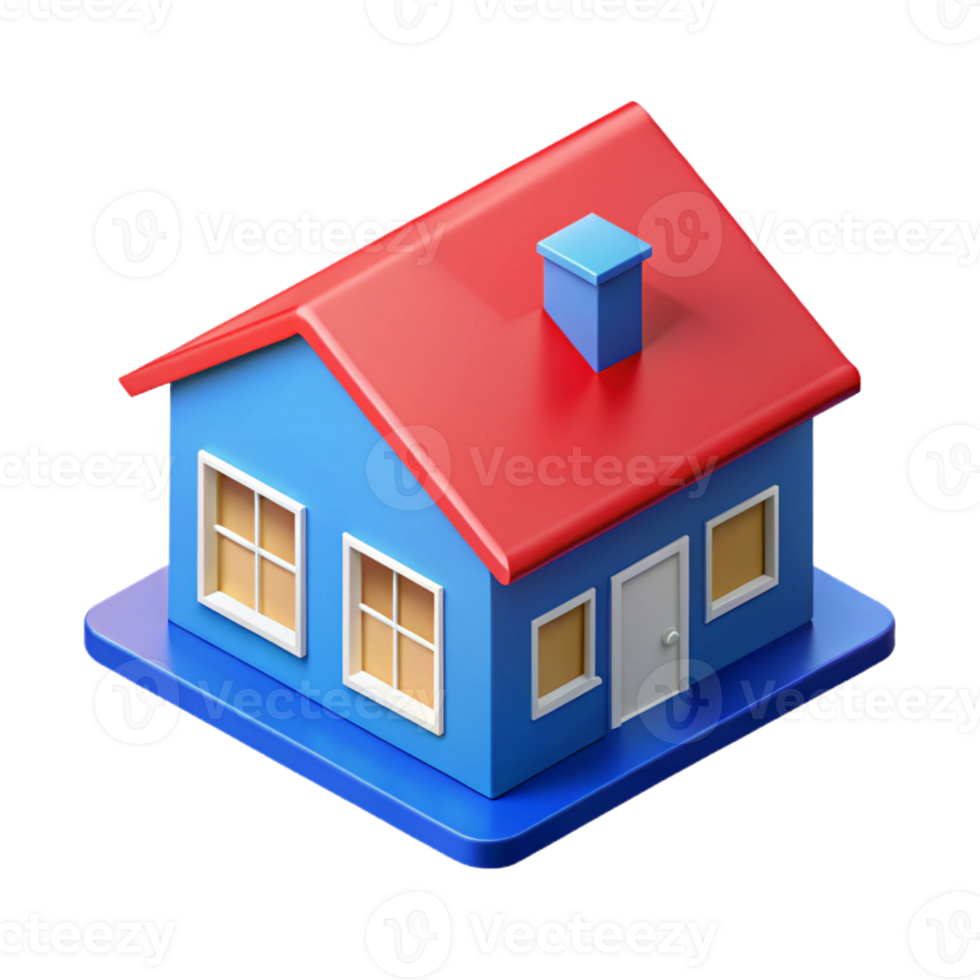 dramatic splendid Isometric house with bright red roof and blue walls. Flat color, clean lines with Scalable Design. original png