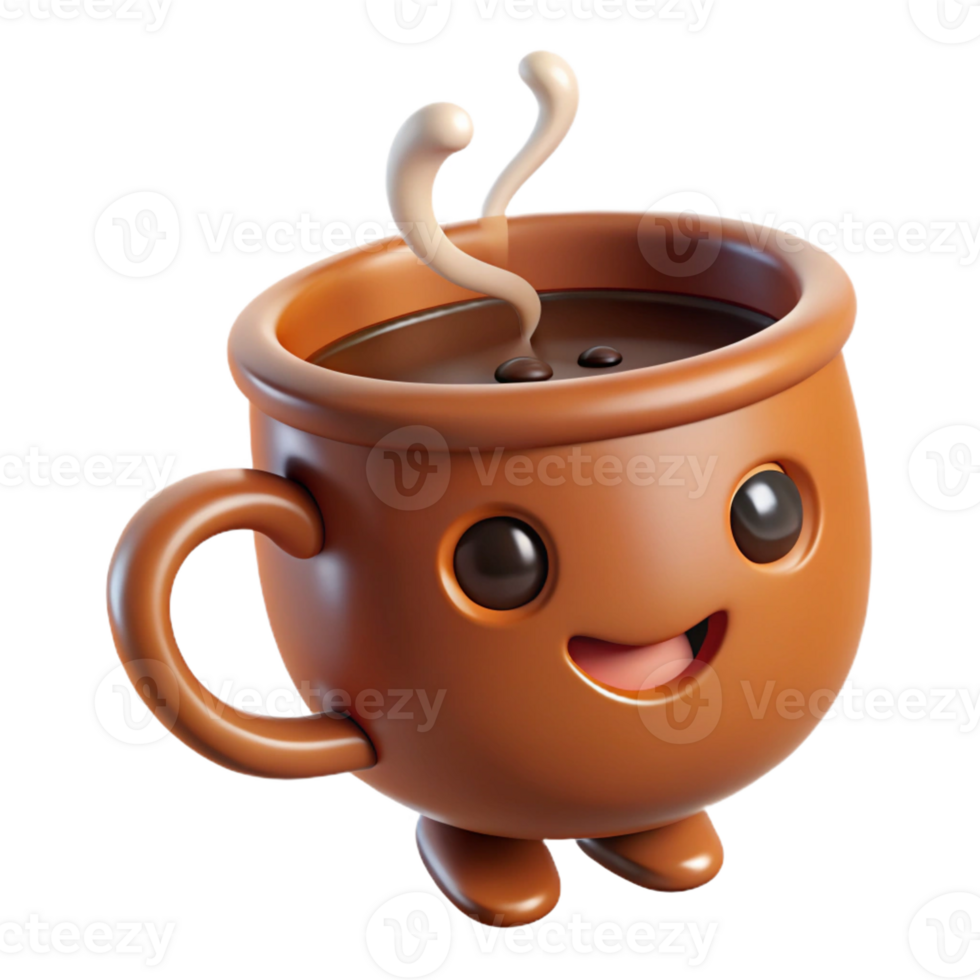 dramatic iconic Smiling coffee cup character with steam. Clean lines, scalable, single-weight stroke with Scalable Design. png