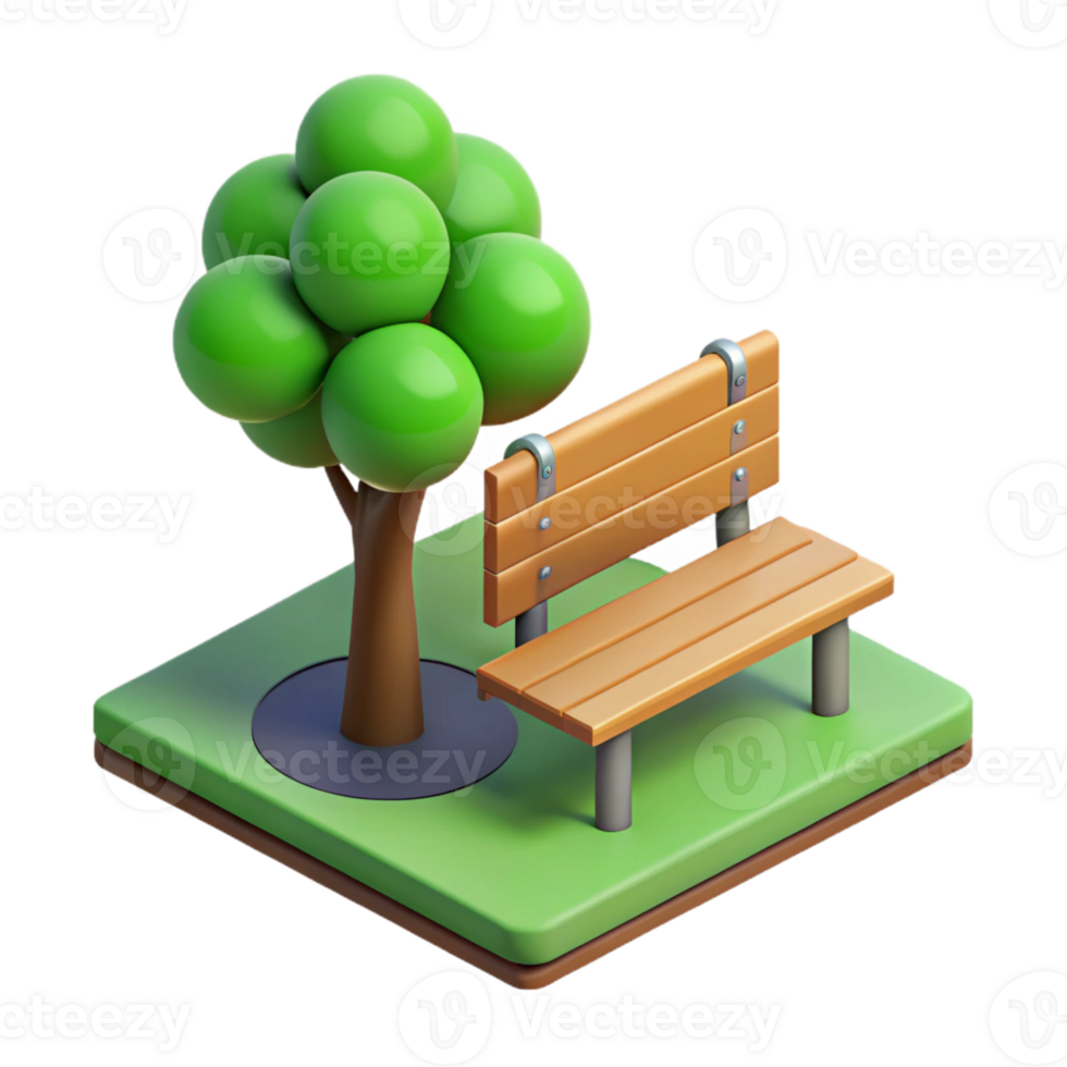 acclaimed geometric Isometric park bench under a tree. Flat color, crisp edges with Scalable Design. authentic png
