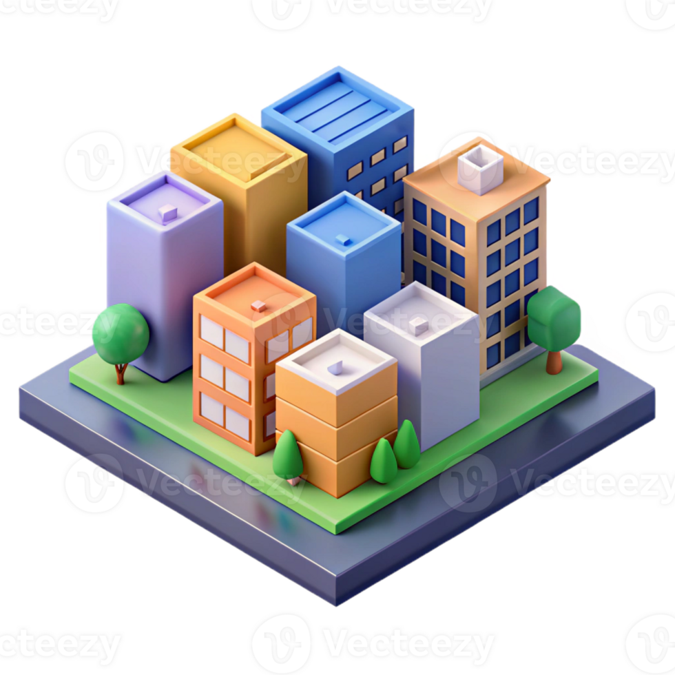 hypnotic dreamy retro Isometric city block with colorful buildings. Crisp edges, flat color with Scalable Design. studio quality png