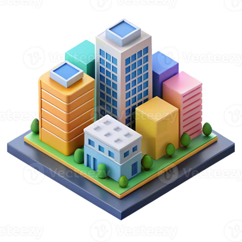 acclaimed industrial Isometric city block with colorful buildings. Crisp edges, flat color with Scalable Design. sharp png
