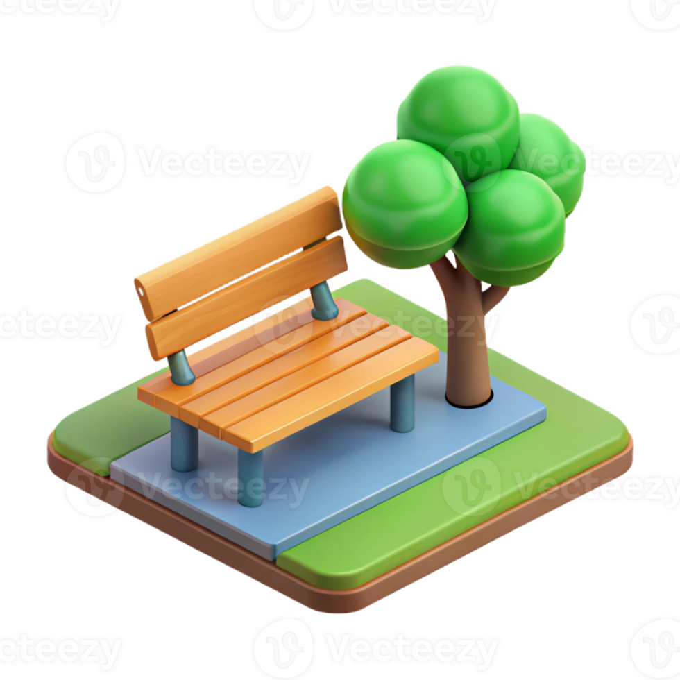 majestic distinguished Isometric park bench under a tree. Flat color, crisp edges with Scalable Design. png