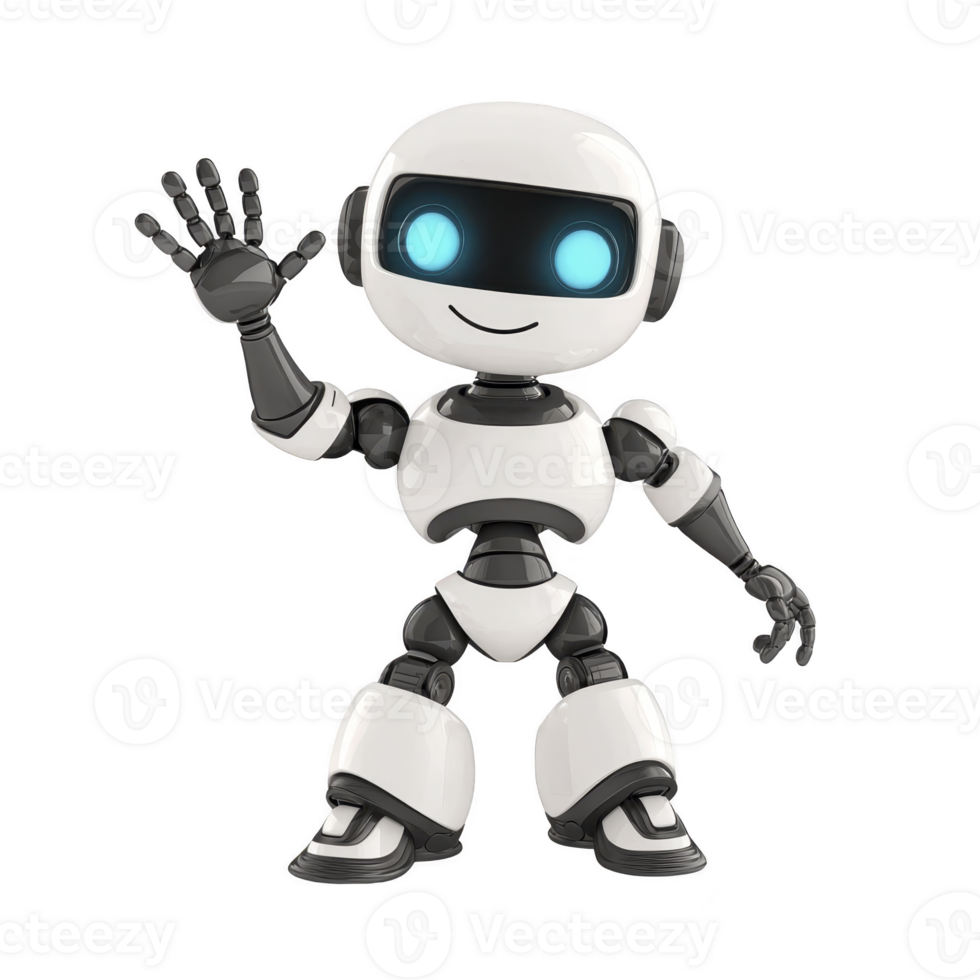 A friendly robot with white and black design waves cheerfully, showcasing its futuristic and approachable appearance. Its glowing blue eyes add touch of charm png