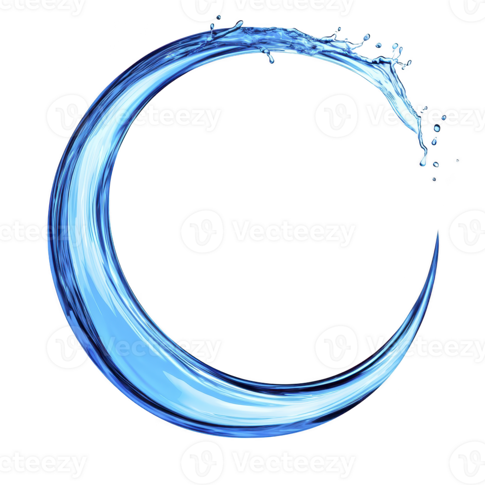 A dynamic swirl of blue water forms crescent shape against transparency background, with droplets splashing outward, conveying sense of fluidity and motion png
