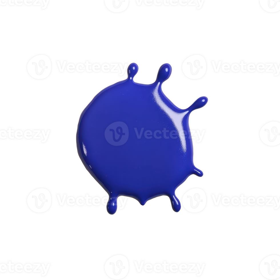 A vibrant splash of blue paint creates abstract shape with dynamic drips, set against clean transparency background. glossy texture and bold color evoke creativity and energy png