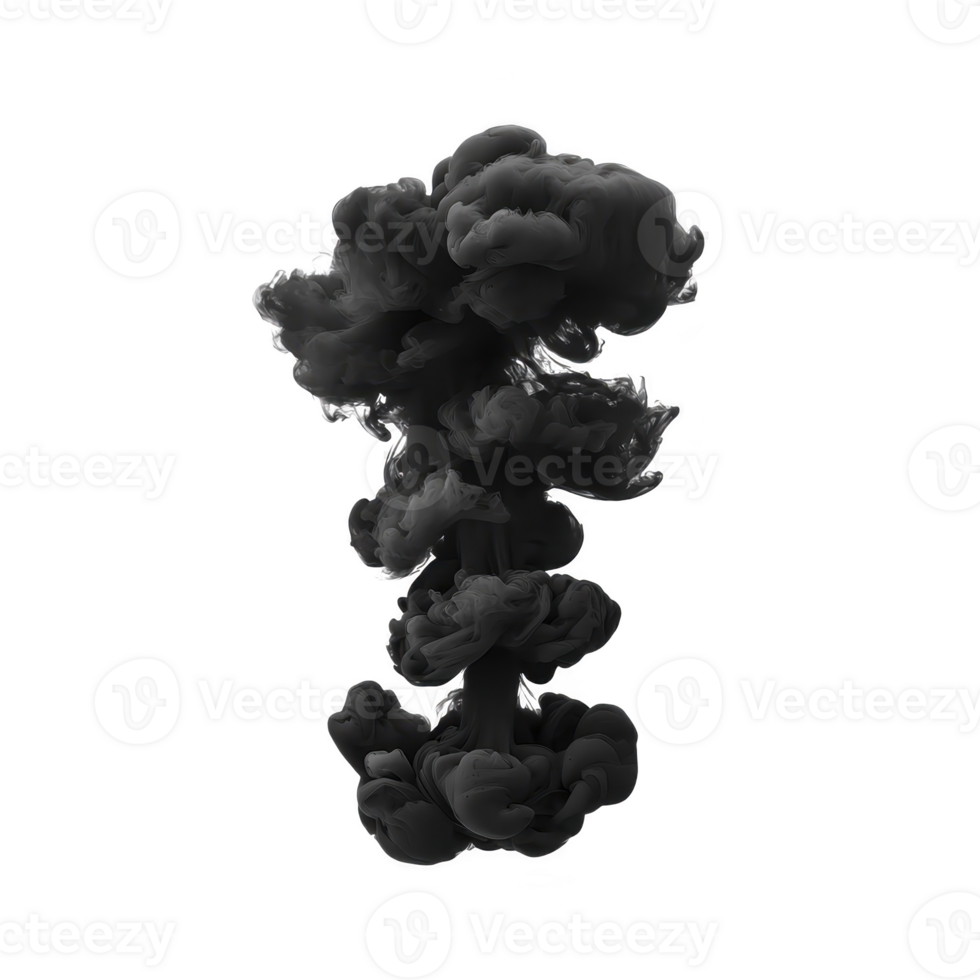 A dense, dark smoke cloud rises against transparent background, creating dramatic and mysterious effect. swirling patterns suggest movement and energy png