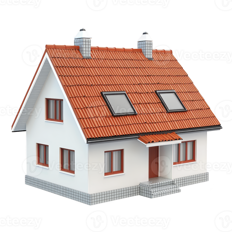A 3D rendering of small, charming house with red tiled roof, white walls, and multiple windows. house features chimney and small porch, creating cozy and inviting appearance png