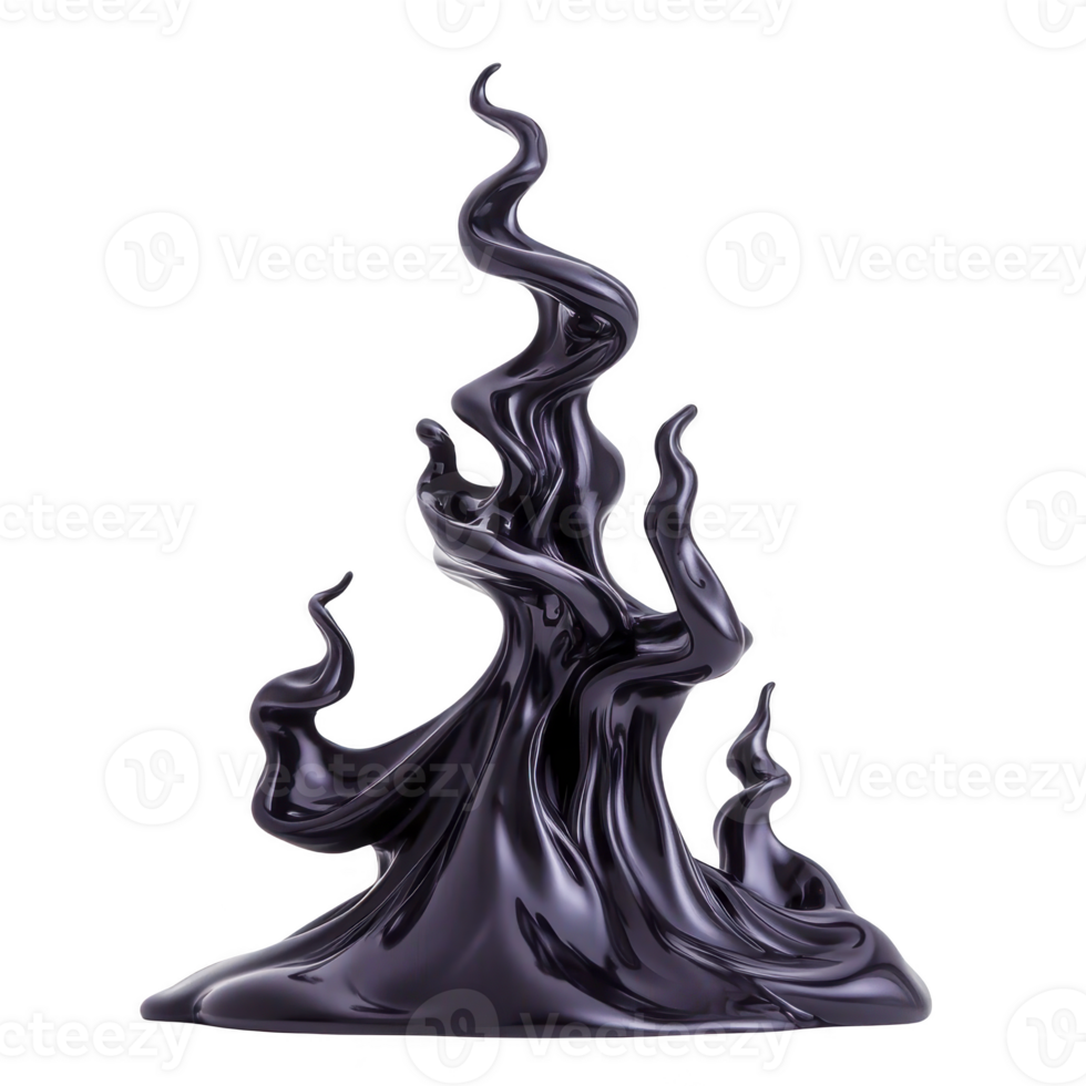 A swirling, dark, and glossy liquid sculpture rises with fluid elegance, resembling mysterious, abstract flame. smooth, reflective surface captures light, creating intriguing visual effect png