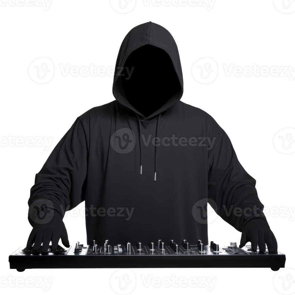 A person in dark hoodie stands behind DJ mixer, creating air of mystery and focus. scene suggests music production or DJ performance setting, with individual engaged in mixing tracks png