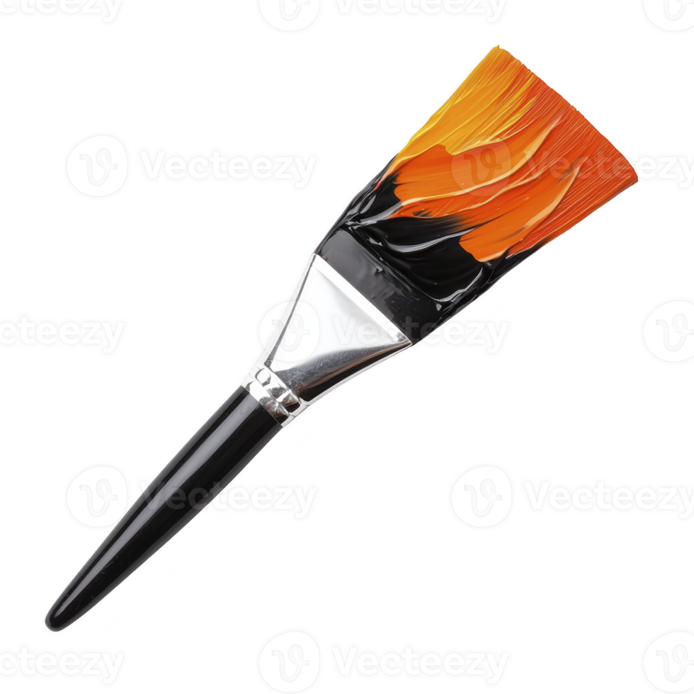A paintbrush with vibrant orange and black bristles is shown against transparency background, highlighting its artistic and creative potential png