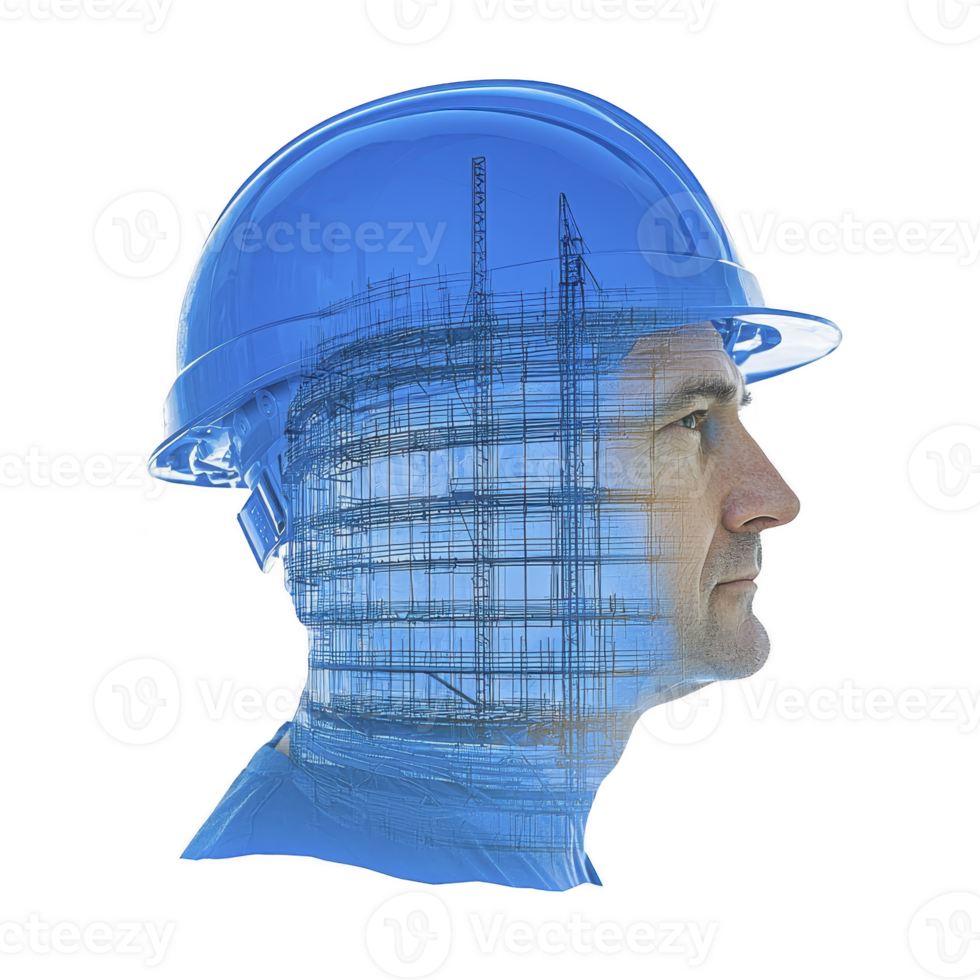 A man wearing blue hard hat is overlaid with construction site, symbolizing engineering and architecture. image conveys sense of innovation and industry png