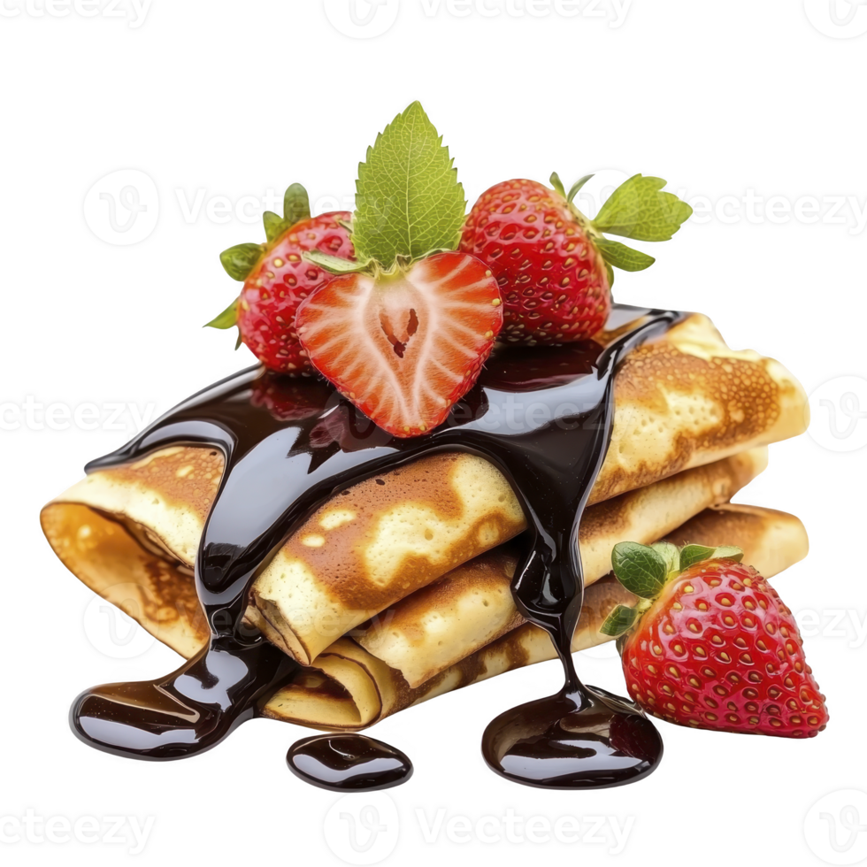 A Delicious crepes topped with rich chocolate sauce and fresh strawberries create mouthwatering dessert. vibrant red of strawberries contrasts beautifully with dark chocolate png
