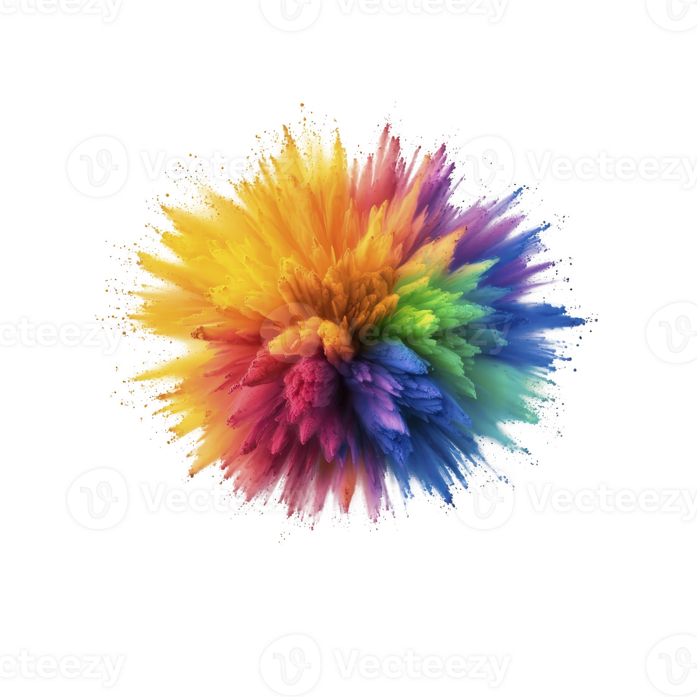 A vibrant explosion of colorful powder creates dynamic, abstract flower like shape against transparency background, showcasing spectrum of hues from yellow to blue png