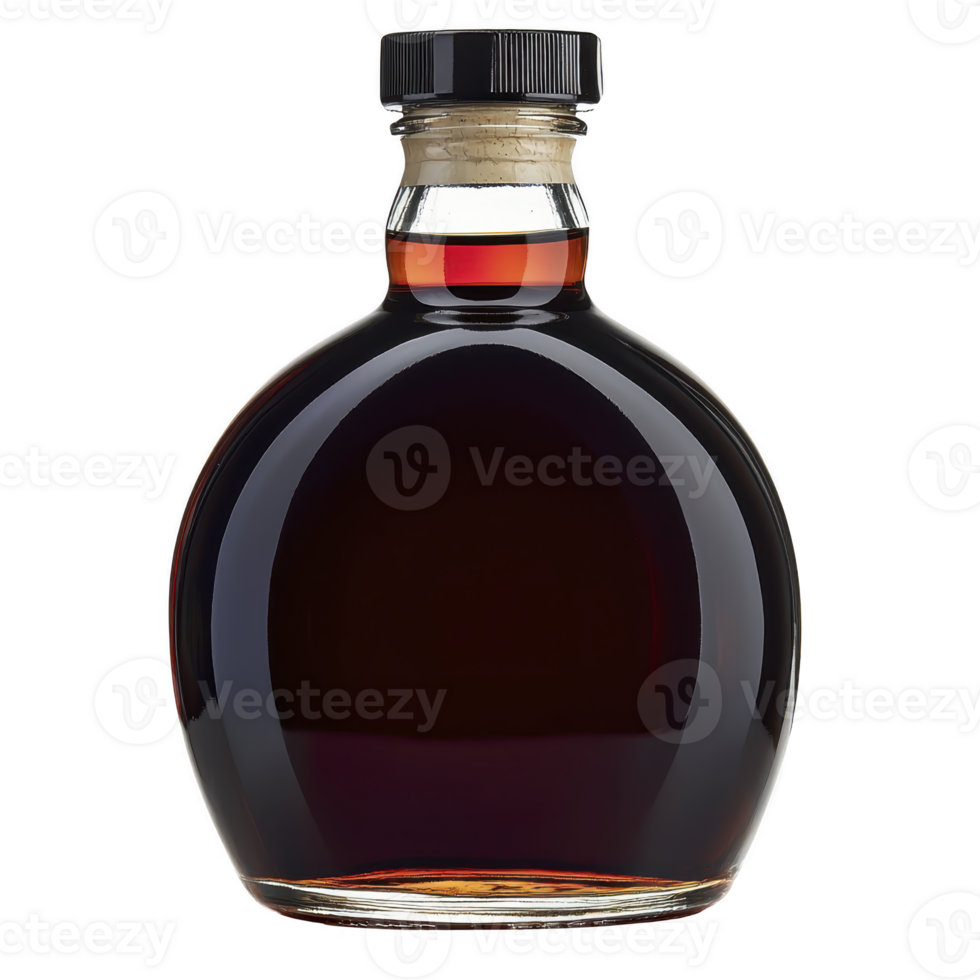 A round glass bottle with black cap contains dark liquid, possibly beverage or syrup. elegant design suggests it could be used for gourmet or luxury products png