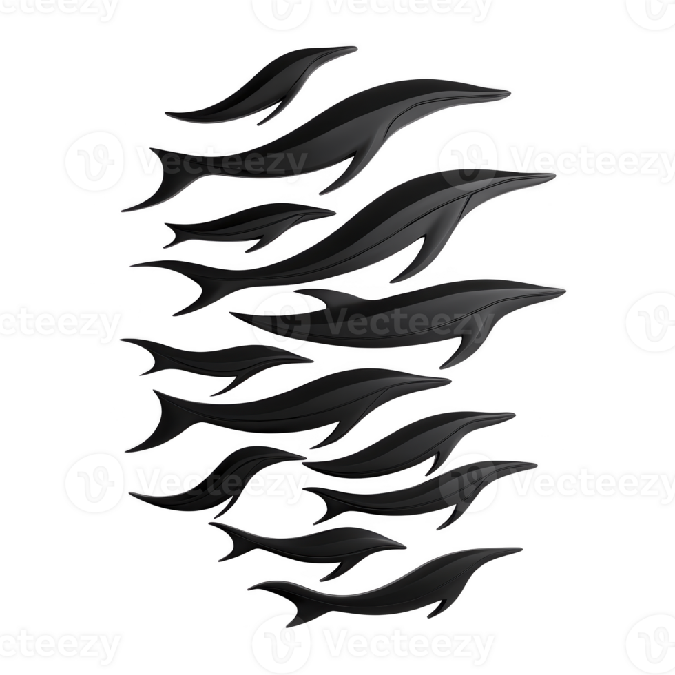 A pod of sleek, black dolphins gracefully swims together, showcasing their streamlined bodies and dynamic movement against transparency background. image captures elegance and fluidity of these png