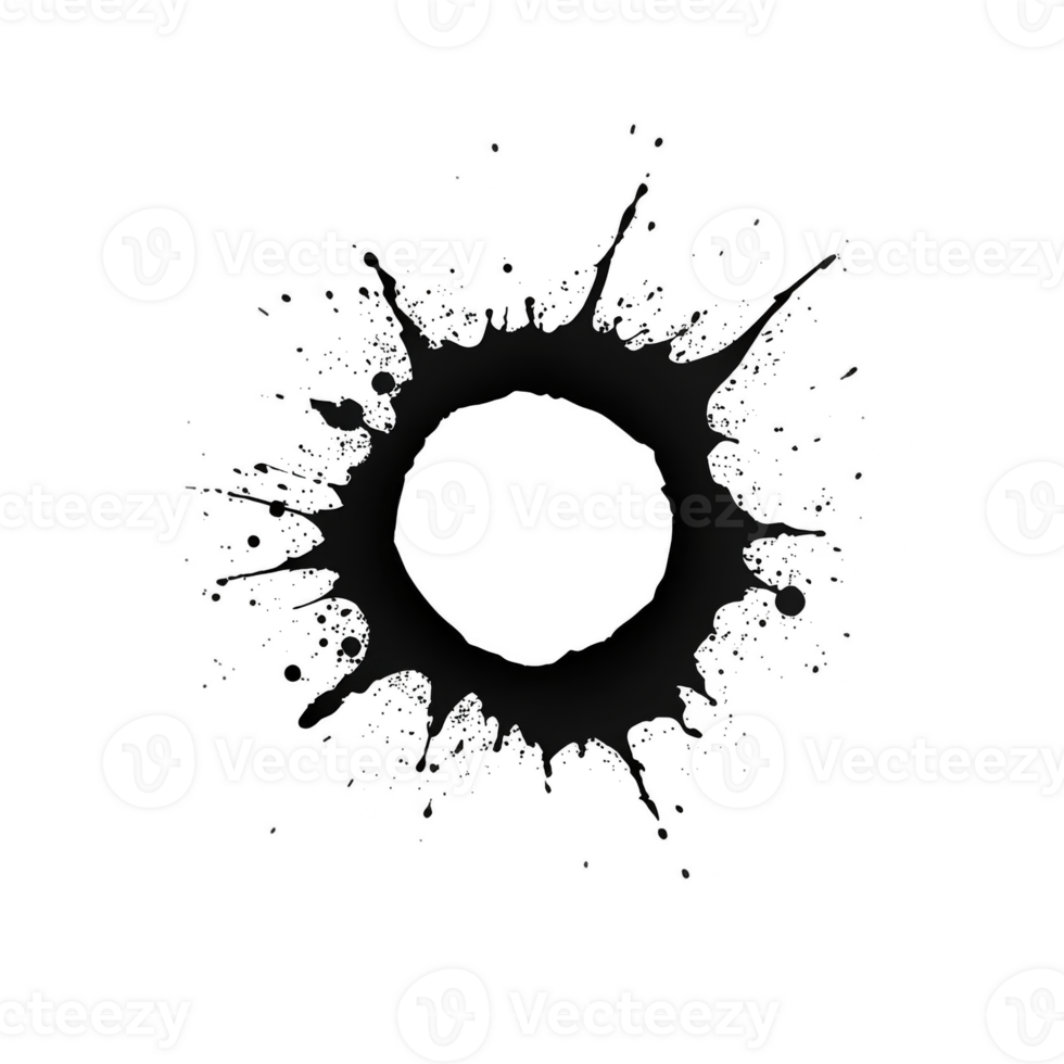 A circular black ink splatter with dynamic, irregular edges creates striking contrast against transparency background, evoking sense of creativity and spontaneity png