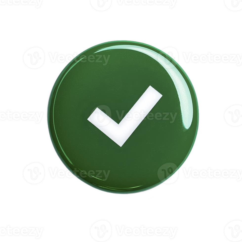 A green circular button with white check mark symbolizing approval or confirmation. glossy surface reflects light, adding three dimensional effect png