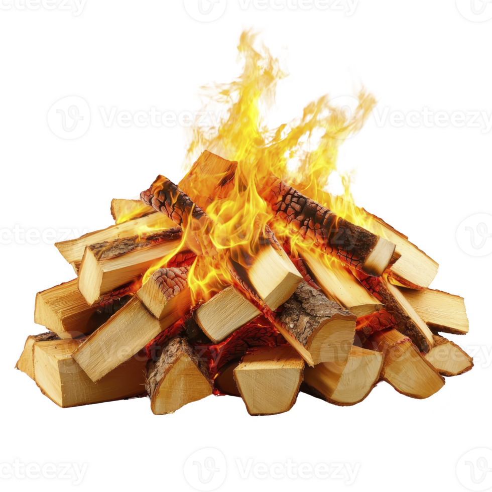 A stack of firewood burning with bright flames, creating warm and inviting atmosphere. logs are arranged neatly, showcasing texture of wood and vibrant colors of fire png