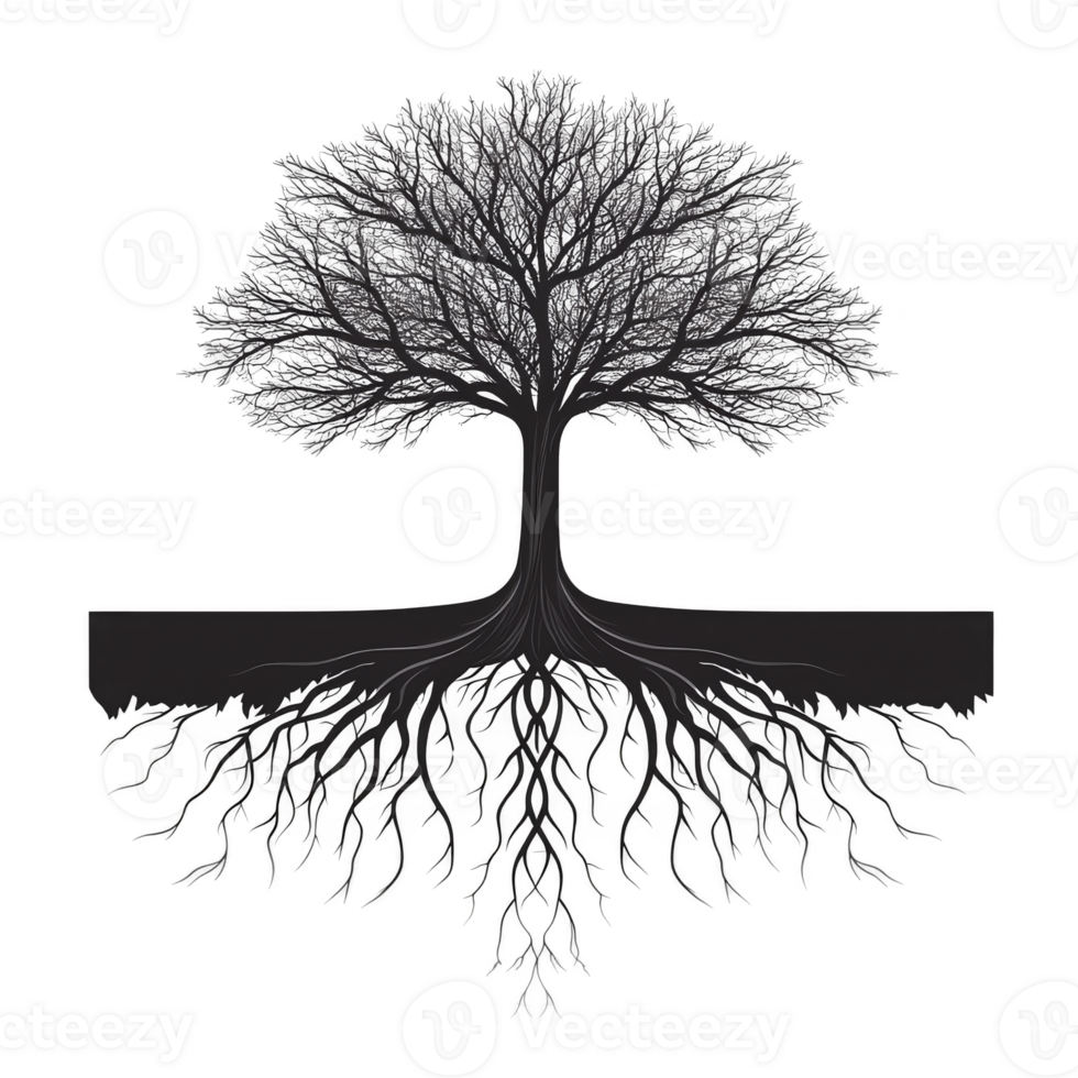 A silhouette of tree with sprawling branches and roots symbolizes growth and connection, blending nature beauty with sense of balance and harmony png