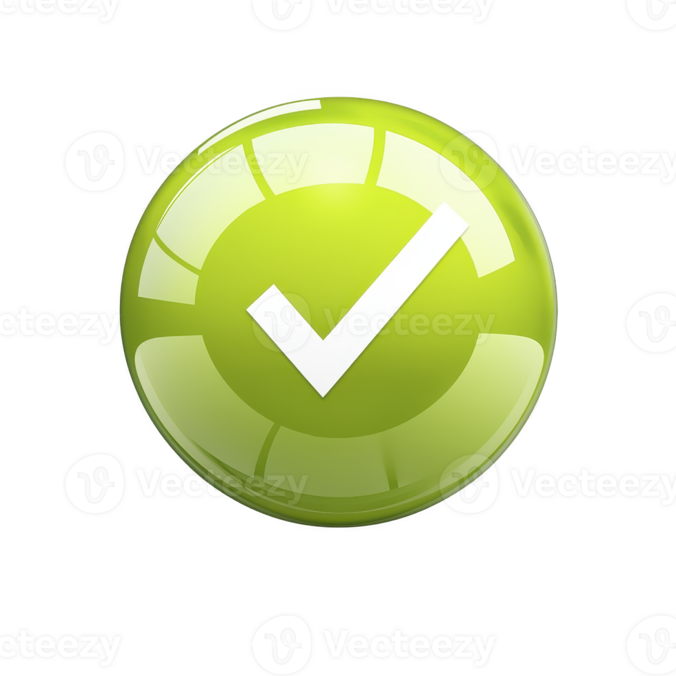 A glossy green button with white check mark symbolizing approval or confirmation. button has shiny, reflective surface, giving it modern and sleek appearance png