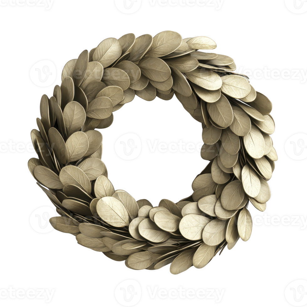 A golden laurel wreath with detailed leaves arranged in circular pattern, symbolizing victory and achievement. metallic sheen adds elegance and sense of prestige to design png
