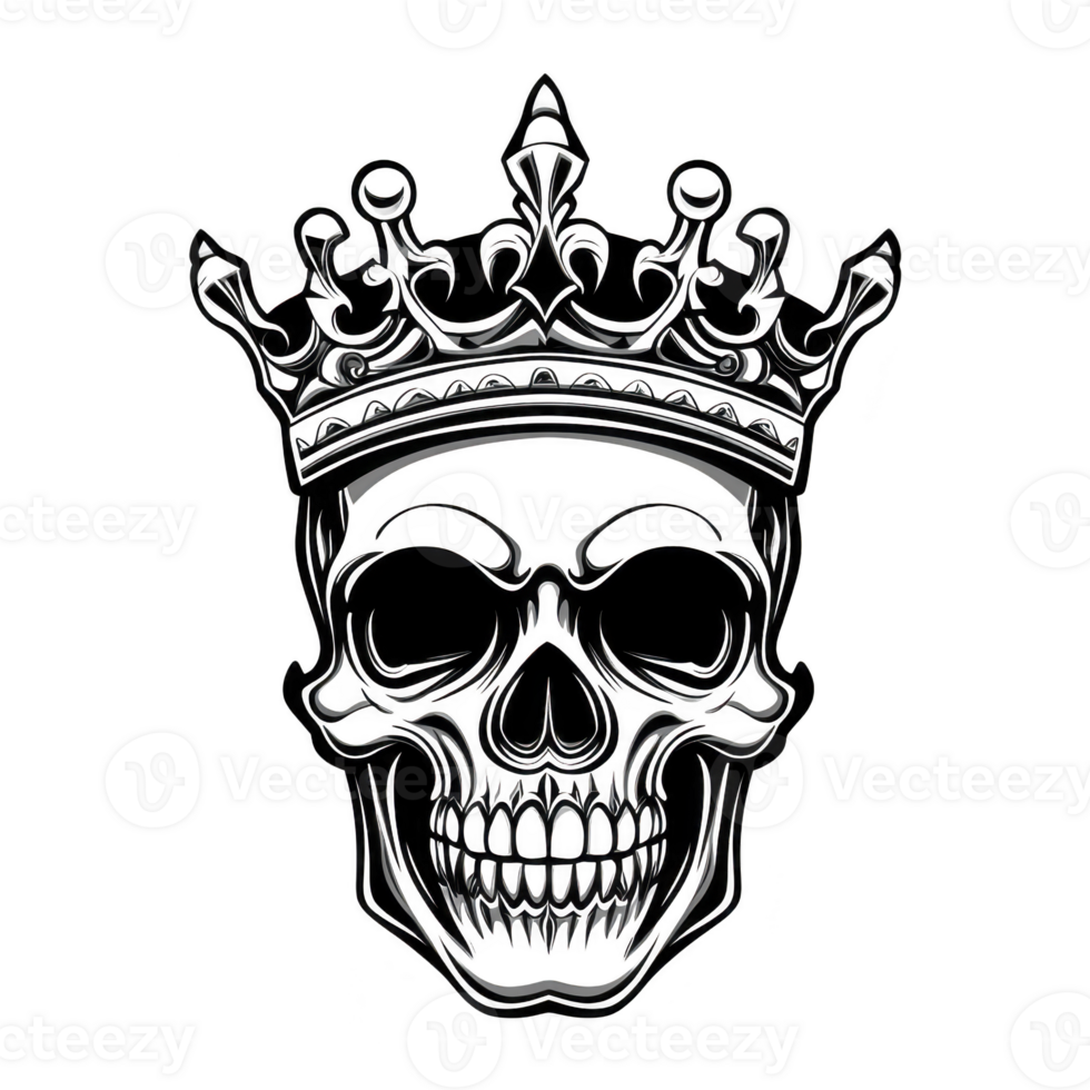 A detailed illustration of skull wearing ornate crown, showcasing intricate design elements and dark, edgy aesthetic. artwork combines gothic and regal themes, creating striking visual png