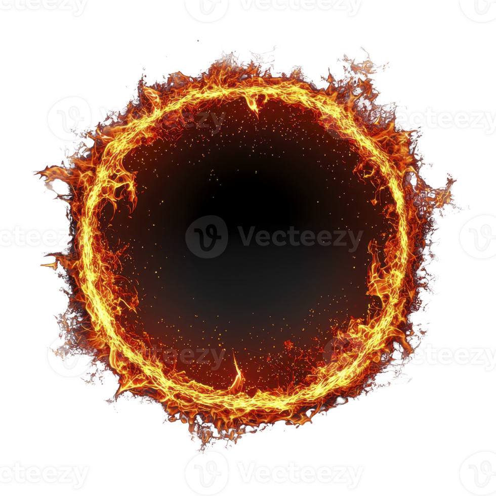A fiery ring of intense flames forms dramatic circular shape against transparency background, creating sense of energy and power. vibrant orange and red hues highlight dynamic movement of fire png