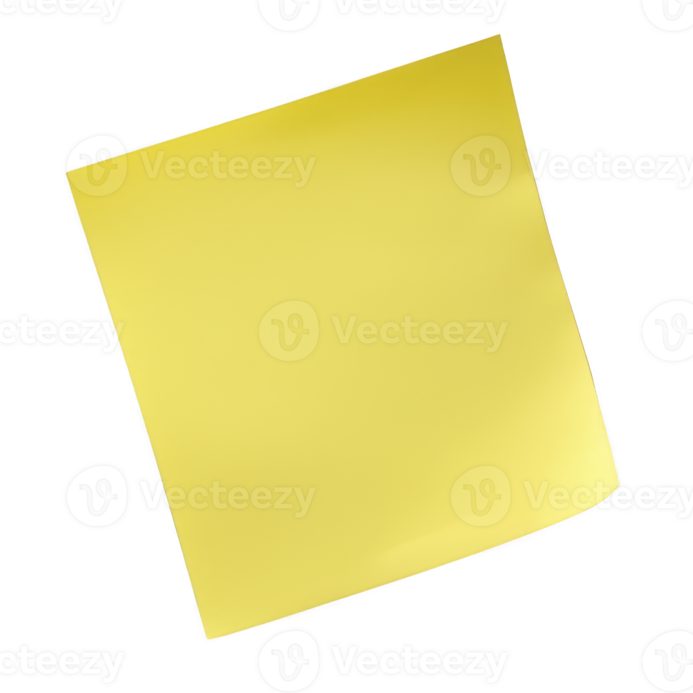 A single yellow sticky note is isolated on transparency background, slightly tilted, with shadow creating three dimensional effect. note is blank, ready for writing png