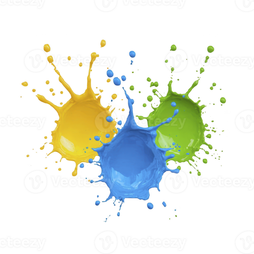 A Colorful splashes of yellow, blue, and green paint create vibrant and dynamic composition, evoking creativity and energy. splatters overlap, forming abstract and lively design png
