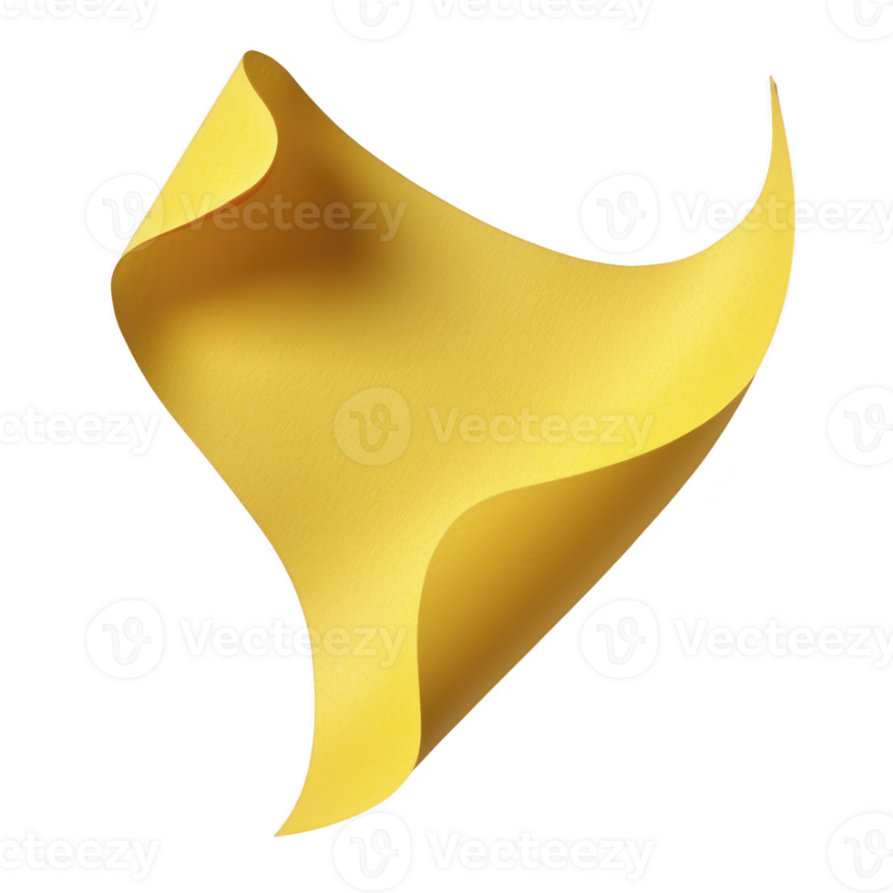 A vibrant yellow paper sheet gracefully curls and twists, creating abstract and dynamic shape against plain background. smooth texture and bright color evoke sense of creativity and energy png