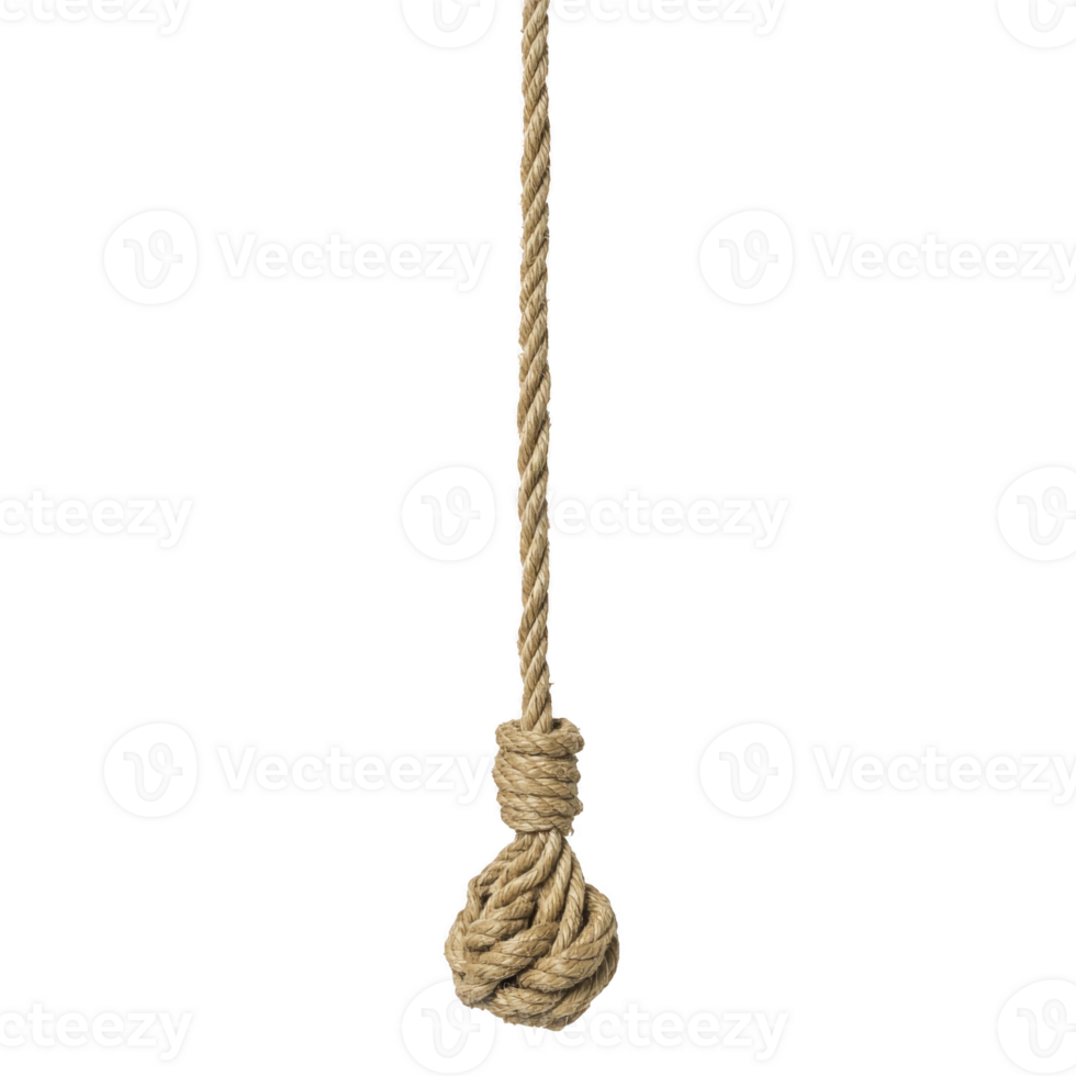 A thick, twisted rope with knotted end hangs vertically against plain background, showcasing its sturdy texture and natural color png