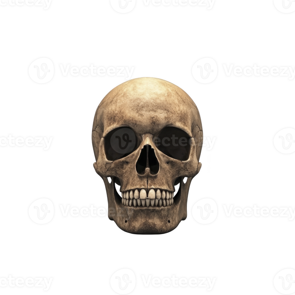 A realistic human skull is depicted against plain background, showcasing detailed bone structure and texture. image highlights anatomical features of skull, including eye sockets and teeth png