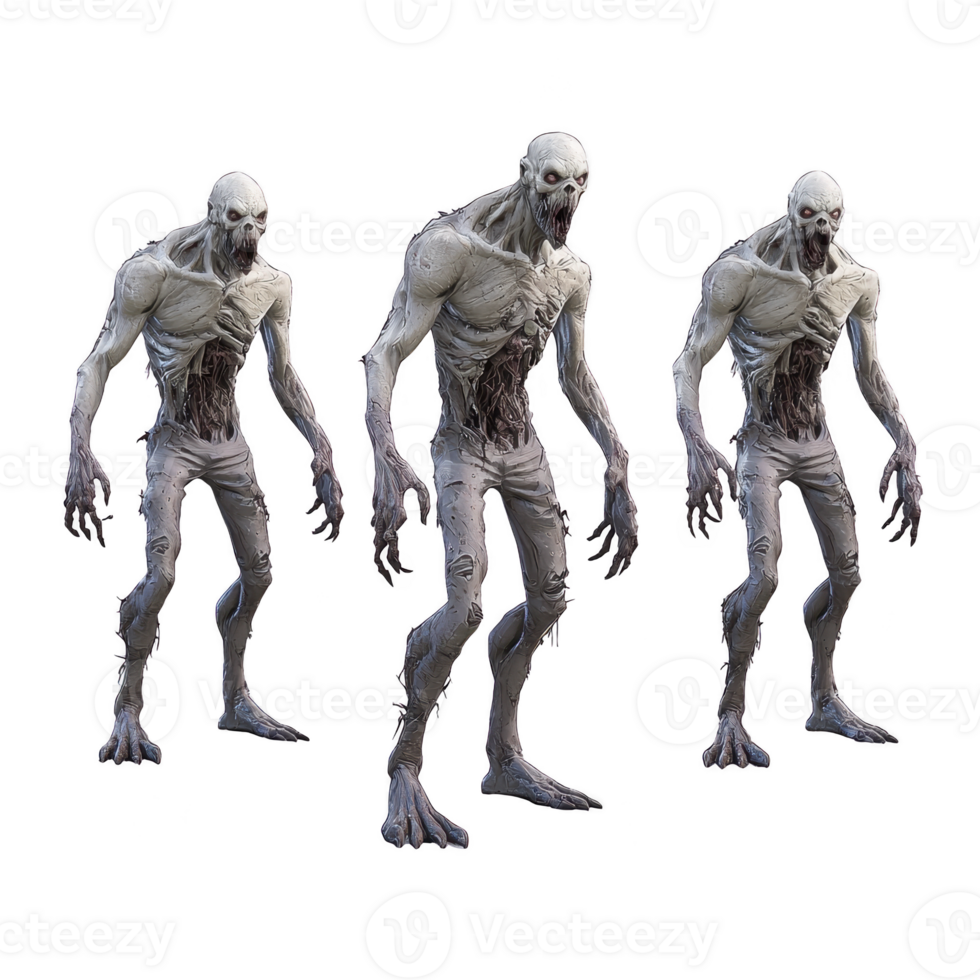 A Creepy humanoid creatures with pale skin and menacing expressions stand in group, showcasing horror theme. Their skeletal frames and dark, hollow eyes add to eerie atmosphere png
