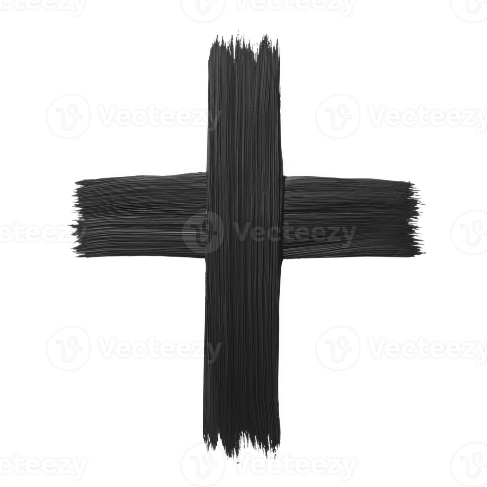 A black brushstroke cross on transparency background, symbolizing simplicity and minimalism. bold strokes create striking contrast, evoking sense of strength and clarity png