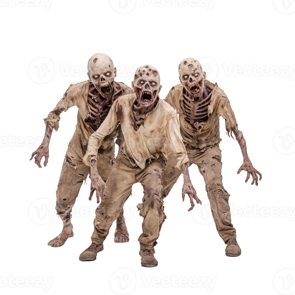 A Creepy zombies with decayed skin and tattered clothes stagger forward, evoking sense of horror and dread. Their skeletal features and menacing expressions create chilling atmosphere png