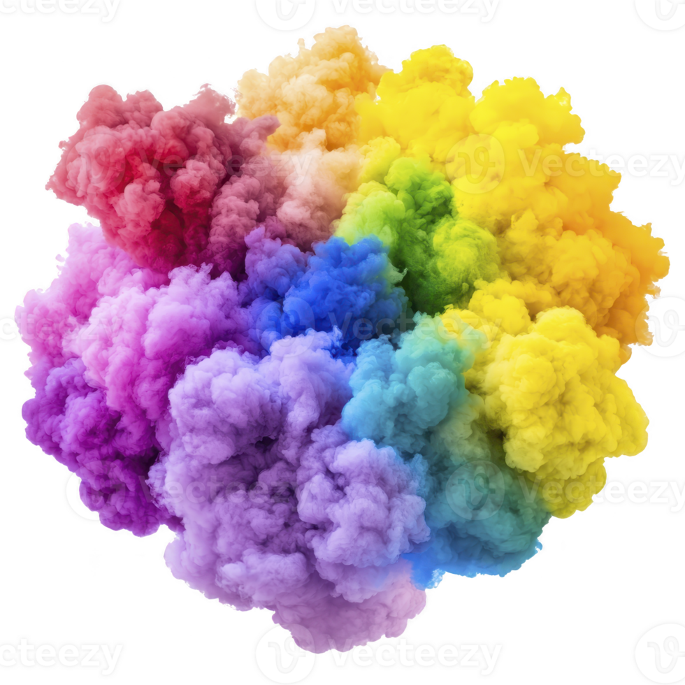 A Vibrant clouds of colorful smoke blend seamlessly, creating mesmerizing explosion of hues. swirling plumes form captivating rainbow effect, evoking sense of wonder and creativity png