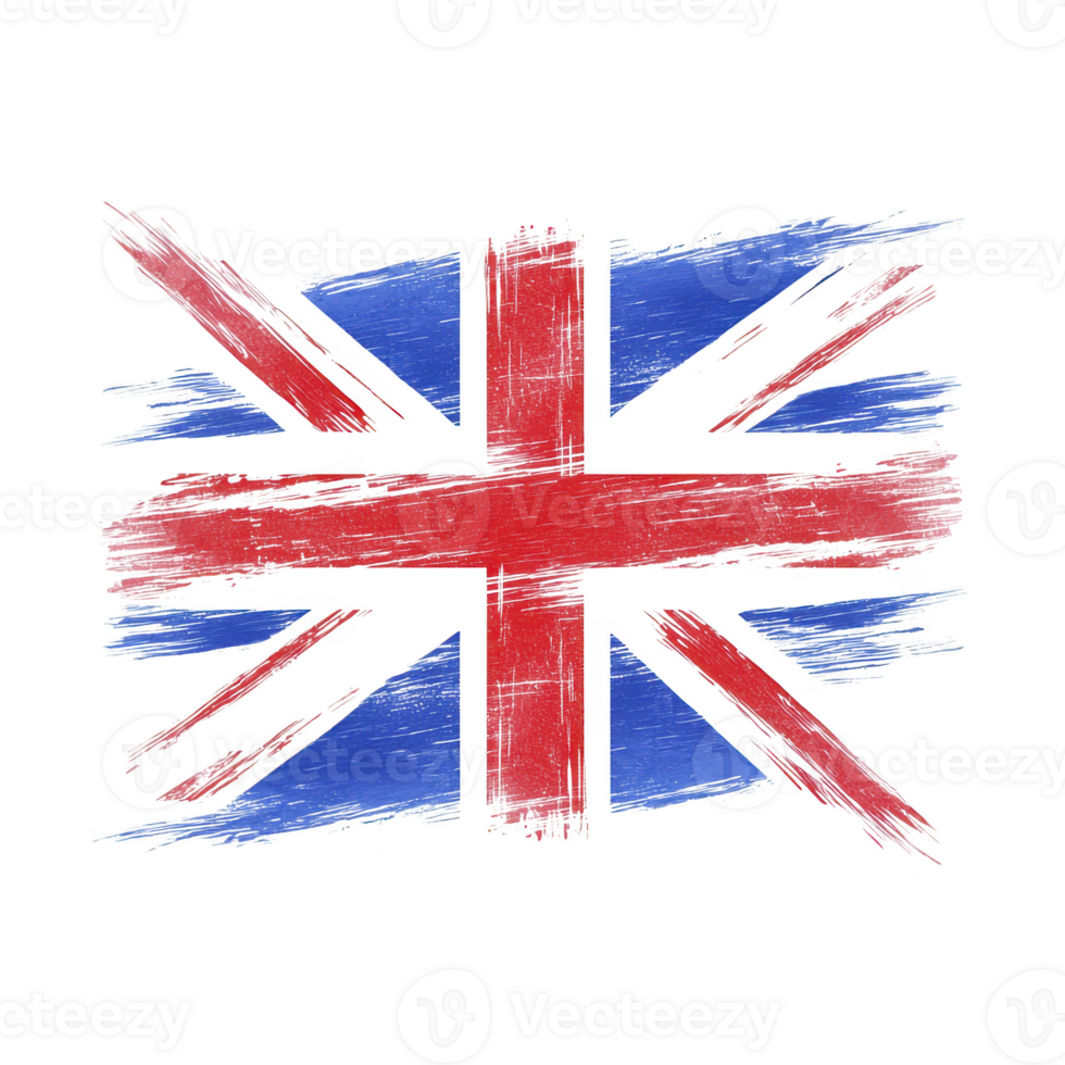 A stylized, artistic representation of United Kingdom flag features bold red, white, and blue brush strokes, creating dynamic and textured appearance. design conveys sense of movement and creativity png