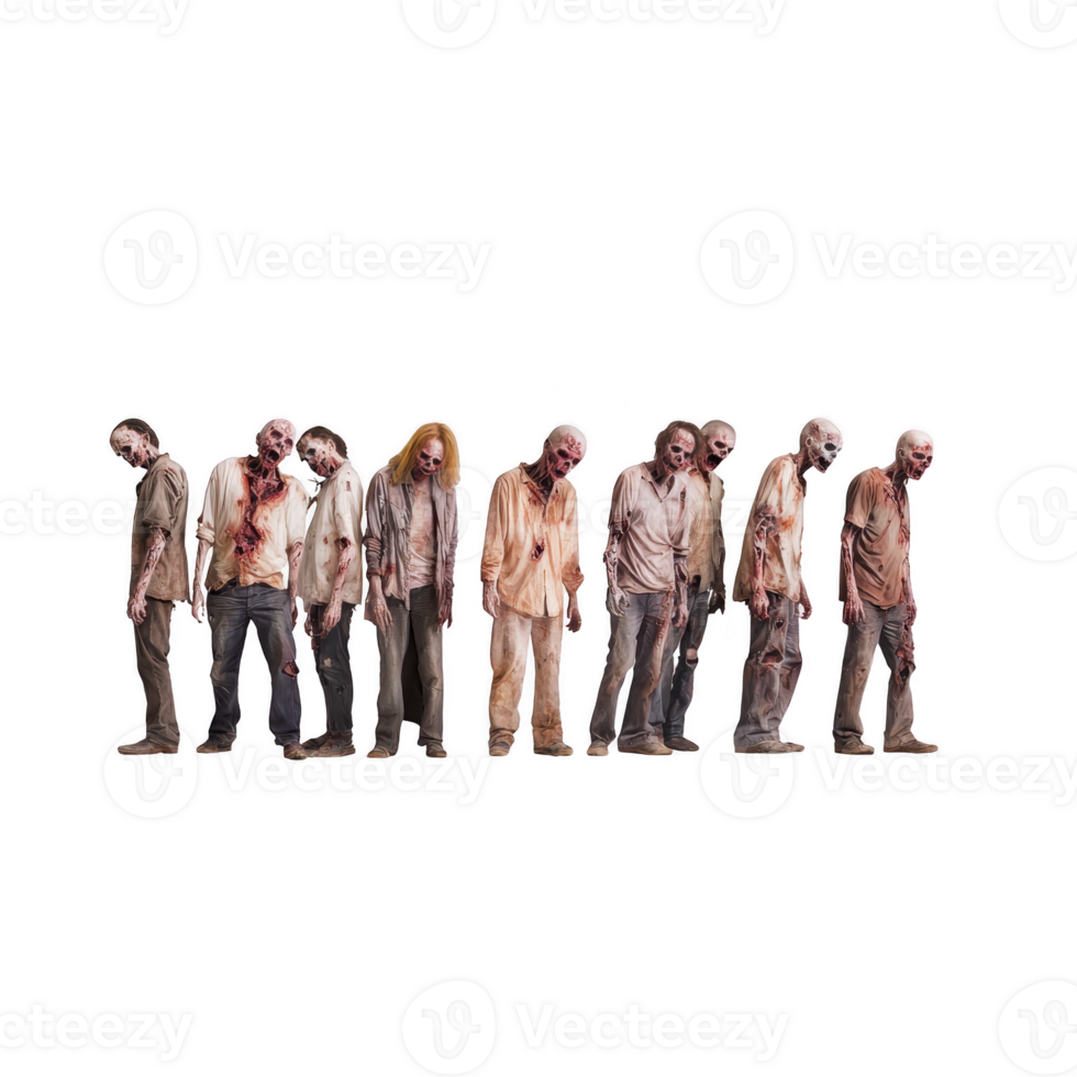 A group of eerie zombies stands in line, each with tattered clothing and haunting expressions, evoking sense of horror and suspense png