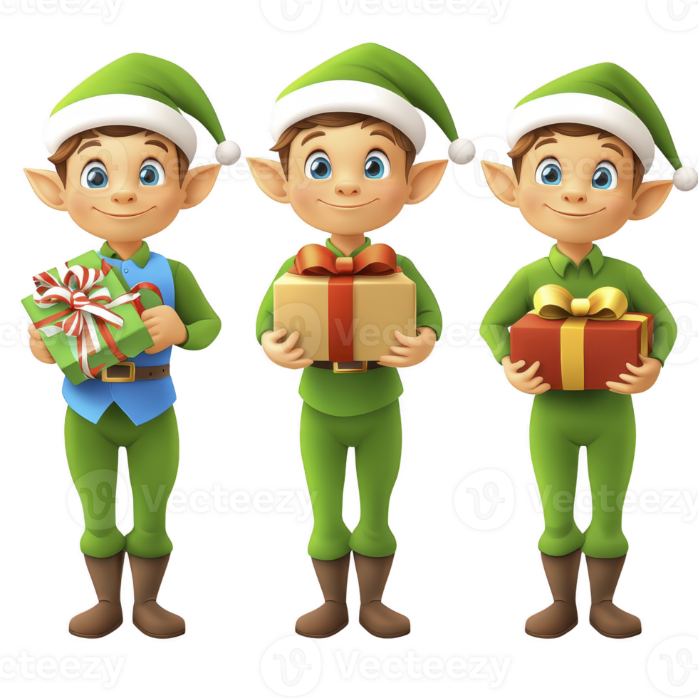 A Three cheerful cartoon elves in green outfits and hats hold colorful gift boxes, spreading holiday joy. Their big eyes and friendly smiles add to festive atmosphere png