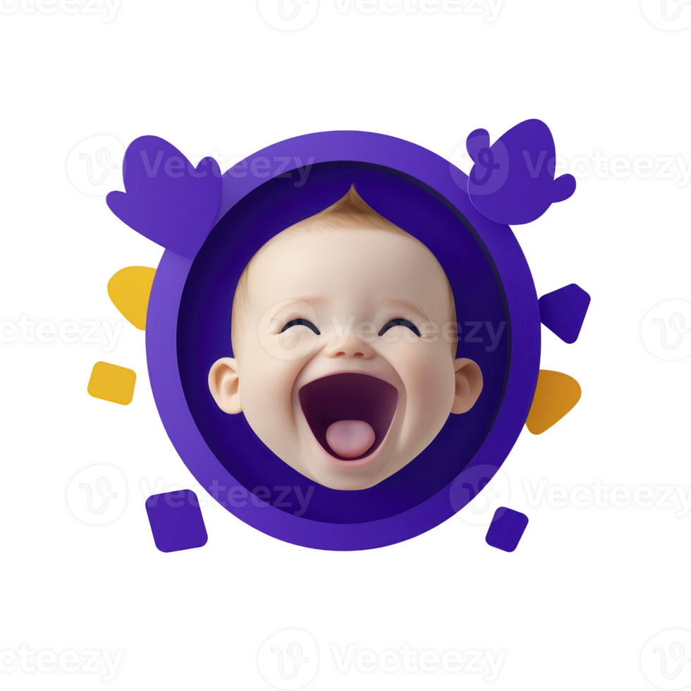 A joyful baby face is surrounded by colorful abstract shapes, creating playful and cheerful atmosphere. vibrant design emphasizes happiness and innocence png