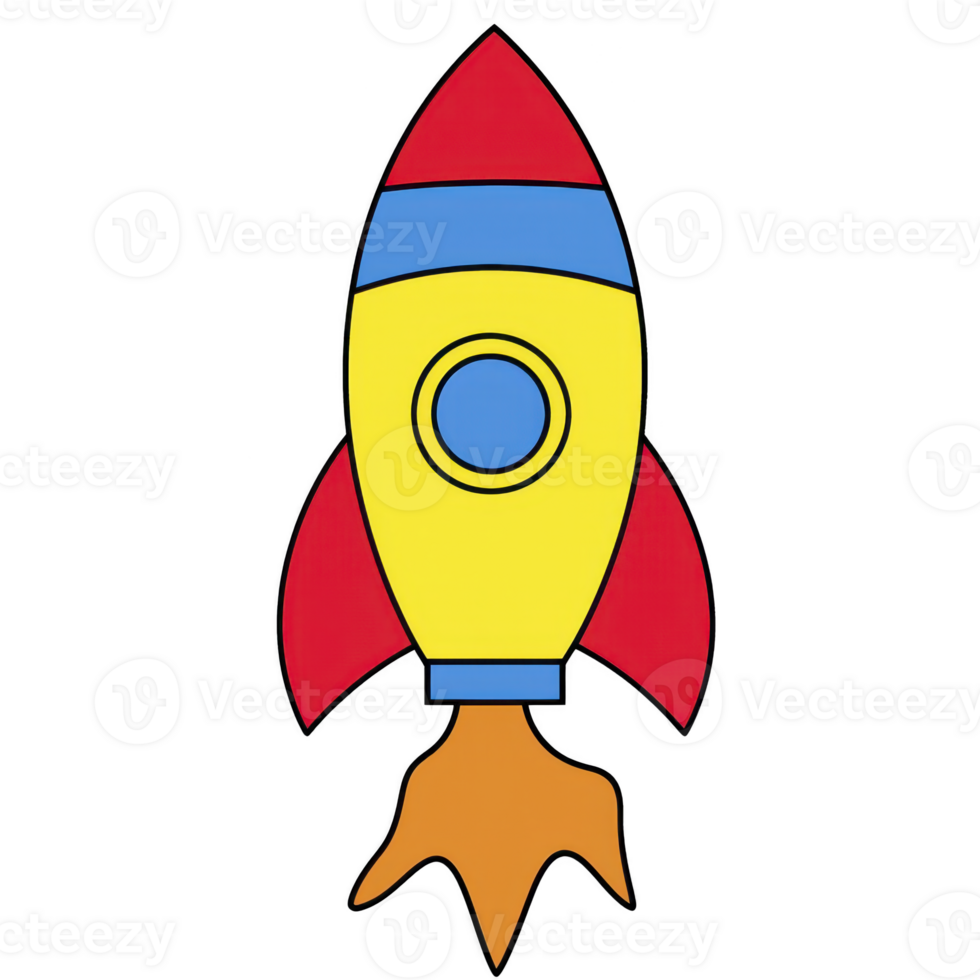 A colorful cartoon rocket with yellow body, red fins, and blue accents, launching with orange flame. simple design conveys playful and adventurous theme png